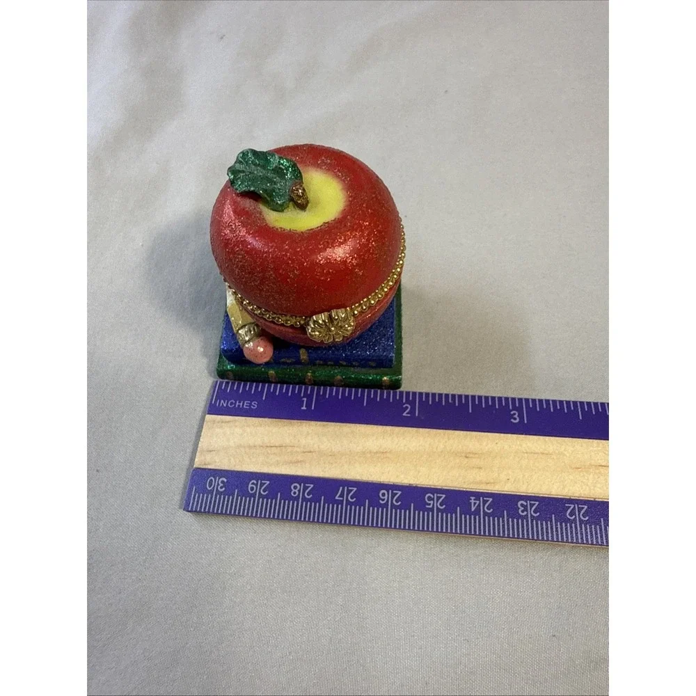 Vintage Porcelain Hinged Apple on Books Trinket Box Teacher Gift Gold Trim